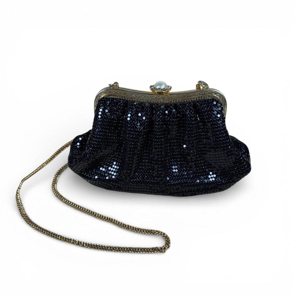 Whiting and Davis Vintage Bag Black Metal Mesh Rhinestone Gold Frame Pearl Clasp
